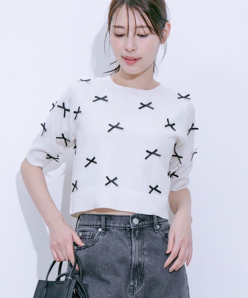 Jayro(ジャイロ)の「麻タッチ天竺リボン付き半袖ニットプルオーバー(Tシャツ/カットソー・レディース・グレー/ネイビー/ピンク/ホワイト系その他・M)」の2枚目の写真