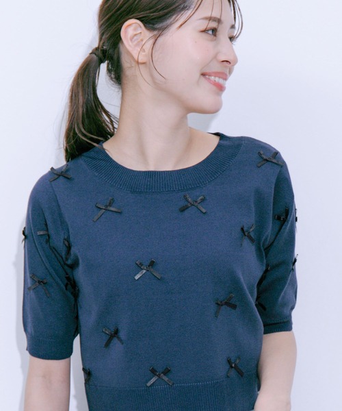 Jayro(ジャイロ)の「麻タッチ天竺リボン付き半袖ニットプルオーバー(Tシャツ/カットソー・レディース・グレー/ネイビー/ピンク/ホワイト系その他・M)」の1枚目の写真