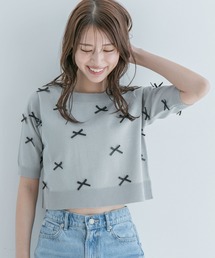 麻タッチ天竺リボン付き半袖ニットプルオーバー