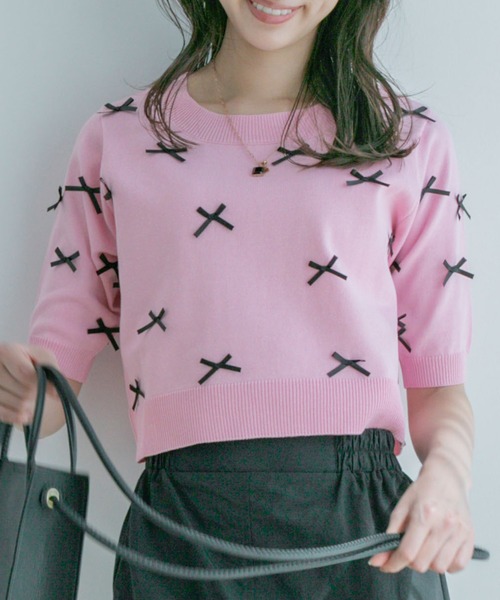 Jayro(ジャイロ)の「麻タッチ天竺リボン付き半袖ニットプルオーバー(Tシャツ/カットソー・レディース・グレー/ネイビー/ピンク/ホワイト系その他・M)」の4枚目の写真