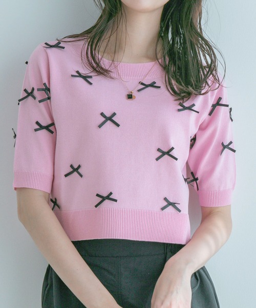 Jayro(ジャイロ)の「麻タッチ天竺リボン付き半袖ニットプルオーバー(Tシャツ/カットソー・レディース・グレー/ネイビー/ピンク/ホワイト系その他・M)」の5枚目の写真