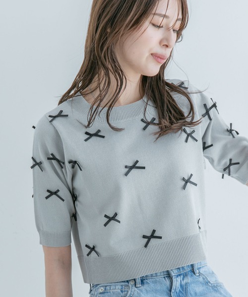 Jayro(ジャイロ)の「麻タッチ天竺リボン付き半袖ニットプルオーバー(Tシャツ/カットソー・レディース・グレー/ネイビー/ピンク/ホワイト系その他・M)」の6枚目の写真