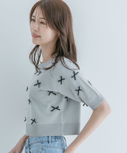 Jayro(ジャイロ)の「麻タッチ天竺リボン付き半袖ニットプルオーバー(Tシャツ/カットソー・レディース・グレー/ネイビー/ピンク/ホワイト系その他・M)」の7枚目の写真