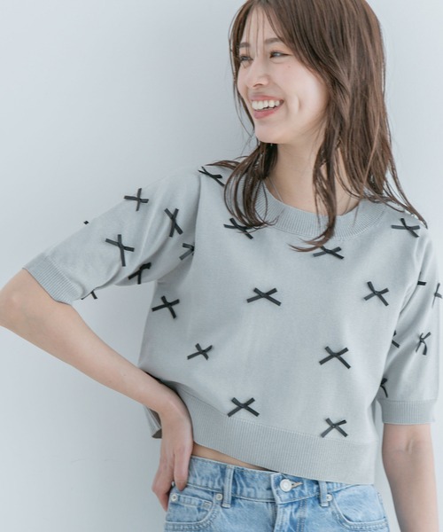 Jayro(ジャイロ)の「麻タッチ天竺リボン付き半袖ニットプルオーバー(Tシャツ/カットソー・レディース・グレー/ネイビー/ピンク/ホワイト系その他・M)」の8枚目の写真