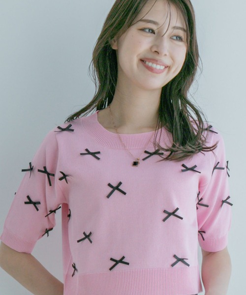 Jayro(ジャイロ)の「麻タッチ天竺リボン付き半袖ニットプルオーバー(Tシャツ/カットソー・レディース・グレー/ネイビー/ピンク/ホワイト系その他・M)」の11枚目の写真