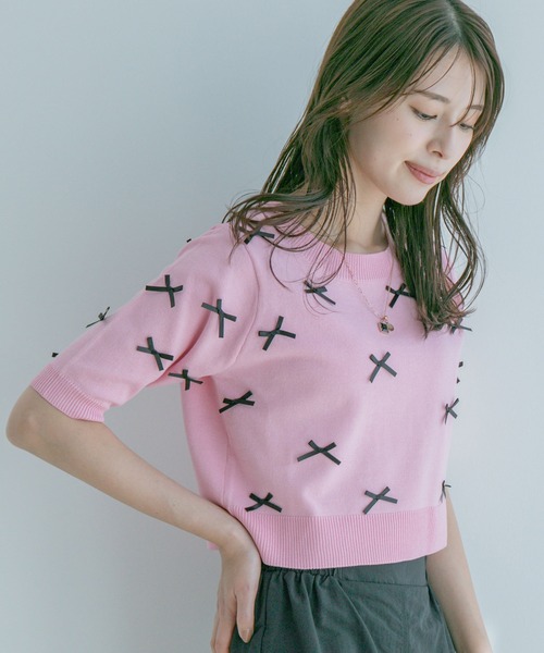 Jayro(ジャイロ)の「麻タッチ天竺リボン付き半袖ニットプルオーバー(Tシャツ/カットソー・レディース・グレー/ネイビー/ピンク/ホワイト系その他・M)」の13枚目の写真