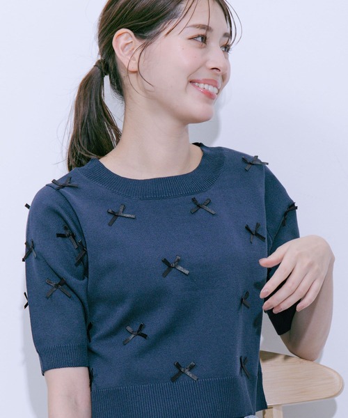 新品✨ジャイロ ＊ JAYRO   ニット スーツ(M) セール】麻タッチ天竺リボン付き半袖ニットプルオーバー（T