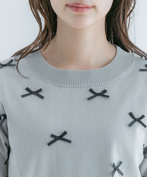 ANMARY リボン付き半袖Tシャツ WOMENS リブ付き半袖セーラーカラーニット ブラック/072332754