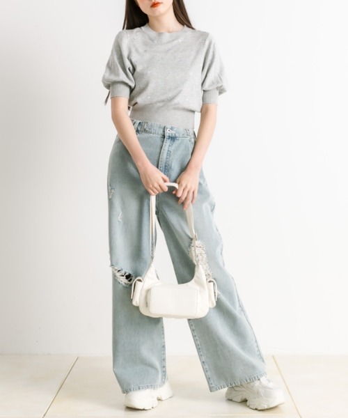 OLIVE des OLIVE（オリーブデオリーブ）の「ハート刺繍半袖ニット　1041050260（ニット/セーター・レディース・オフホワイト/グレー/ブラック・FREE）」の4枚目の写真