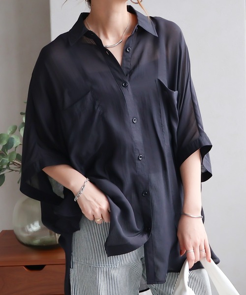 Social GIRL（ソーシャルガール）の「ドルマンシアーシャツ 無地／ストライプ（シャツ/ブラウス・レディース・ブラック/ブルー系その他/オフホワイト/グレー/グレイッシュベージュ/グレー系その他・M）」の3枚目の写真