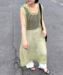 スパンコール透かし編みノースリロングワンピース
