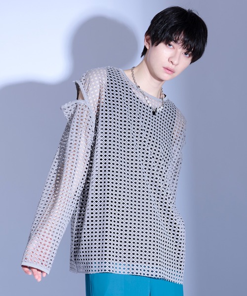 Ellno Loset（エルノロゼット）の「2wayカットアウトメッシュPO（Tシャツ/カットソー・メンズ・ライトグレー/ネイビー/ブラック/ブルー/アイボリー・SMALL/MEDIUM/LARGE）」の3枚目の写真
