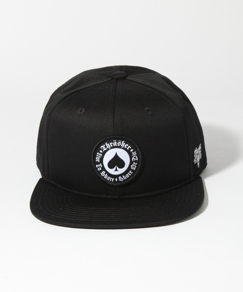 THRASHER（スラッシャー）の「【THRASHER/スラッシャー】フラットバイザー ワッペン刺繍 TCツイル ベースボールキャップ（キャップ・メンズ・ブラック・FREE）」の6枚目の写真