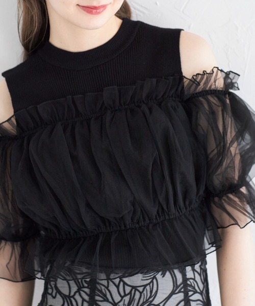 tocco closet(トッコ クローゼット)の「チュールドッキングニットプルオーバー(ニット/セーター・レディース・オフホワイト/ブラック・M)」の14枚目の写真