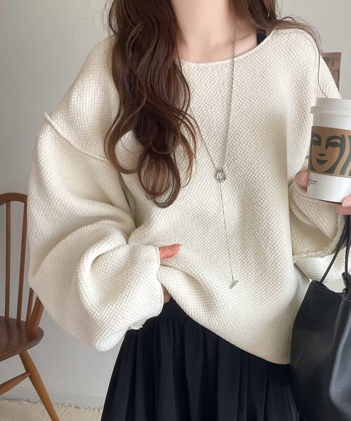 classicalelf(クラシカルエルフ)の「ゆったりとしたシルエットでこなれ感。モール糸ジャカード編みニットプルオーバー(ニット/セーター・レディース・アイボリー/グレイッシュベージュ/ネイビー・X-LARGE/MEDIUM/SMALL/LARGE)」の1枚目の写真