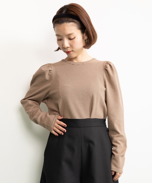 CHILD WOMAN（チャイルドウーマン）の「☆なみなみボーダー パフスリーブ クルーネックプルオーバー（Tシャツ/カットソー・レディース・ブラウン/ピンク/レッド・FREE）」の6枚目の写真