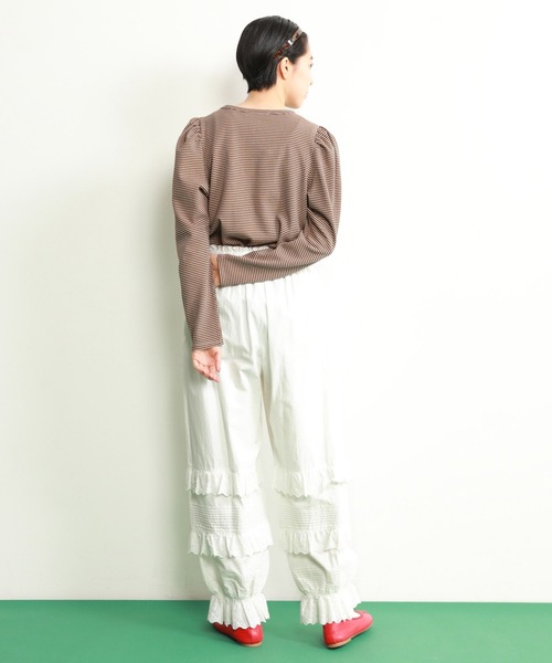 CHILD WOMAN（チャイルドウーマン）の「☆なみなみボーダー パフスリーブ クルーネックプルオーバー（Tシャツ/カットソー・レディース・ブラウン/ピンク/レッド・FREE）」の18枚目の写真