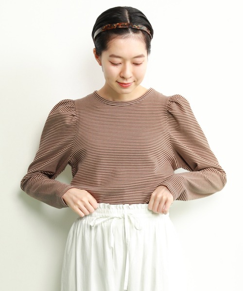 CHILD WOMAN（チャイルドウーマン）の「☆なみなみボーダー パフスリーブ クルーネックプルオーバー（Tシャツ/カットソー・レディース・ブラウン/ピンク/レッド・FREE）」の13枚目の写真