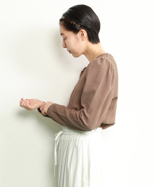 スフレパフプルオーバーボーダートップスパフスリーブパワショルTシャツ/セブンテン ナミナミボーダーパフスリーブニットプルオーバー | titivate