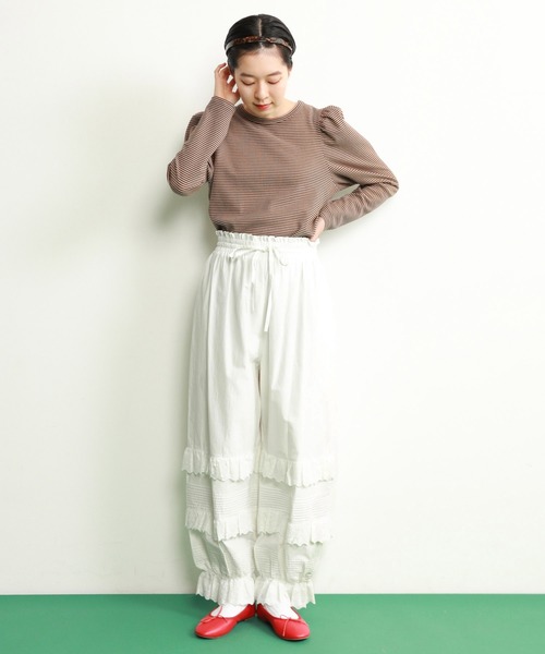 CHILD WOMAN（チャイルドウーマン）の「☆なみなみボーダー パフスリーブ クルーネックプルオーバー（Tシャツ/カットソー・レディース・ブラウン/ピンク/レッド・FREE）」の16枚目の写真