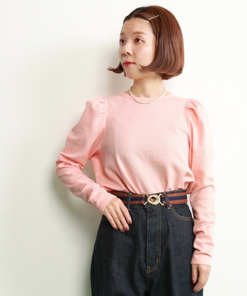 CHILD WOMAN（チャイルドウーマン）の「☆なみなみボーダー パフスリーブ クルーネックプルオーバー（Tシャツ/カットソー・レディース・ブラウン/ピンク/レッド・FREE）」の22枚目の写真