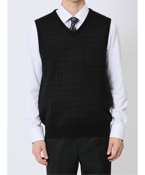 Alexander Julian（アレキサンダージュリアン）の「アレキサンダージュリアン ウォッシャブル ウール混 チェック柄 プルベスト（ベスト・メンズ・ブラック/ネイビー・MEDIUM/LARGE/X-LARGE）」の11枚目の写真