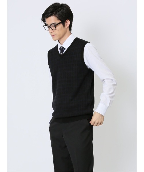 Alexander Julian（アレキサンダージュリアン）の「アレキサンダージュリアン ウォッシャブル ウール混 チェック柄 プルベスト（ベスト・メンズ・ブラック/ネイビー・MEDIUM/LARGE/X-LARGE）」の7枚目の写真