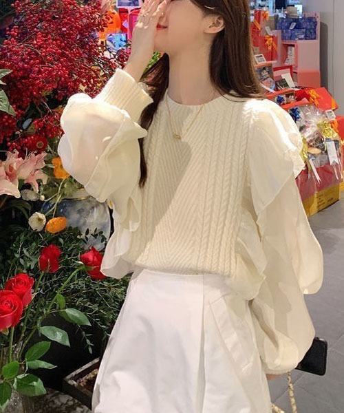 Dream garden（ドリームガーデン）の「異素材ドッキングニットトップス　シフォン袖 切り替えニット（ニット/セーター・レディース・ホワイト/ブラック・FREE）」の8枚目の写真