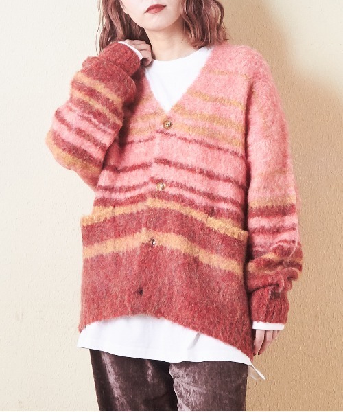 CUBE SUGAR(キューブシュガー)の「ブラッシングニットボーダーカーディガン(カーディガン/ボレロ・レディース・パープル/レッド/チャコールグレー/ブルー・M)」の1枚目の写真