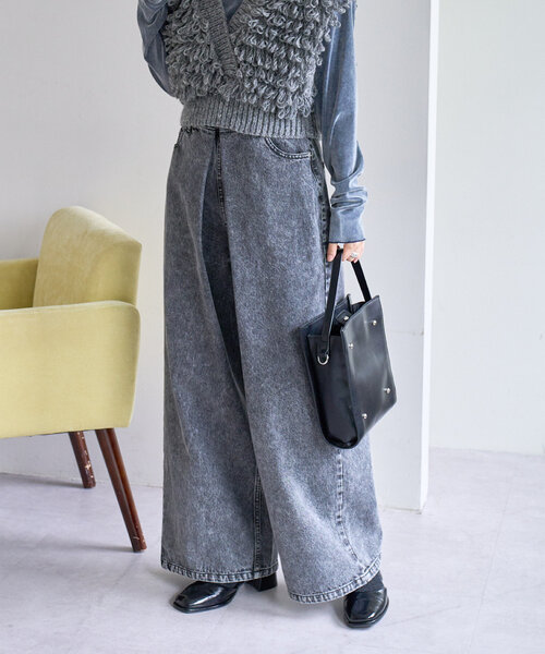 Kastane（カスタネ）の「【2サイズ展開/低身長サイズ/セットアップ対応】ケミカルデニムタックワイドパンツ（デニムパンツ・レディース・ブラック/ブラウン/ブルー・0/1）」の3枚目の写真