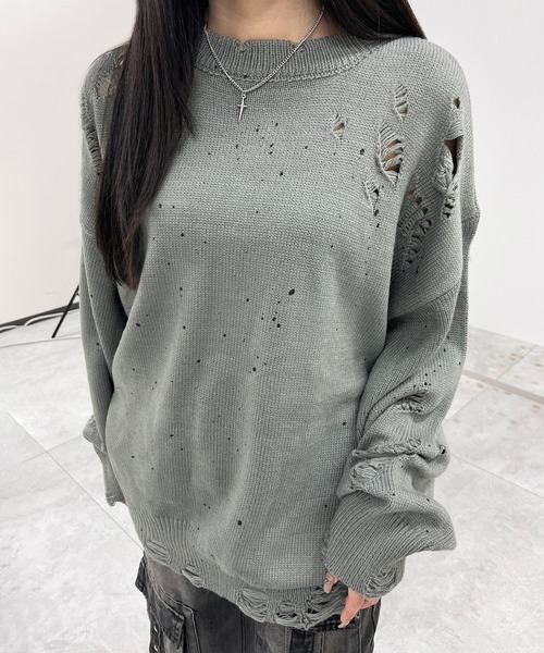 Figments（フィグメンツ）の「デストロイペイントオーバーニット（ニット/セーター・レディース・ブラック/グレー・FREE）」の7枚目の写真