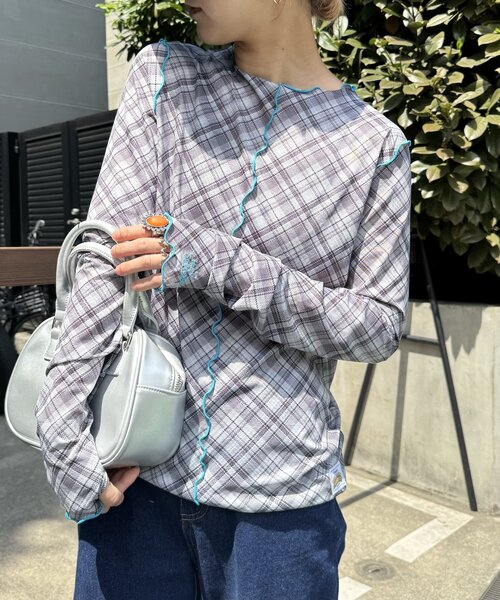 HELLO.SANFRANCISCO(ハローサンフランシスコ)の「【HELLO.SANFRANCISCO】チェックチュールトップス(Tシャツ/カットソー・レディース・ブルー/グレー/オレンジ/ブルー系その他/レッド・ONE SIZE)」の2枚目の写真