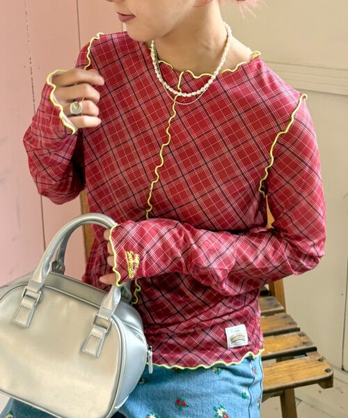 HELLO.SANFRANCISCO(ハローサンフランシスコ)の「【HELLO.SANFRANCISCO】チェックチュールトップス(Tシャツ/カットソー・レディース・ブルー/グレー/オレンジ/ブルー系その他/レッド・ONE SIZE)」の4枚目の写真