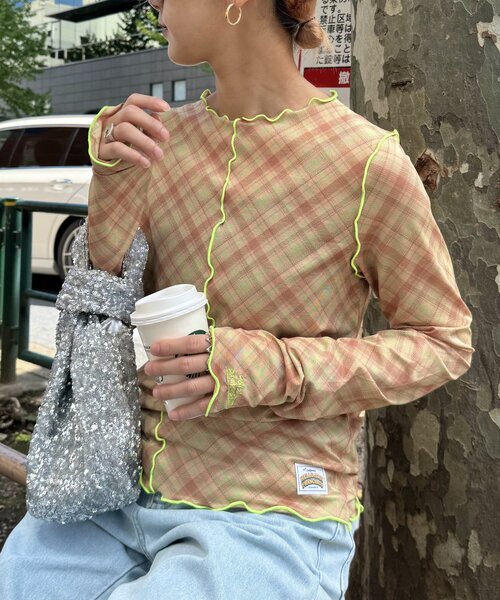 HELLO.SANFRANCISCO(ハローサンフランシスコ)の「【HELLO.SANFRANCISCO】チェックチュールトップス(Tシャツ/カットソー・レディース・ブルー/グレー/オレンジ/ブルー系その他/レッド・ONE SIZE)」の5枚目の写真