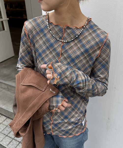 HELLO.SANFRANCISCO(ハローサンフランシスコ)の「【HELLO.SANFRANCISCO】チェックチュールトップス(Tシャツ/カットソー・レディース・ブルー/グレー/オレンジ/ブルー系その他/レッド・ONE SIZE)」の1枚目の写真