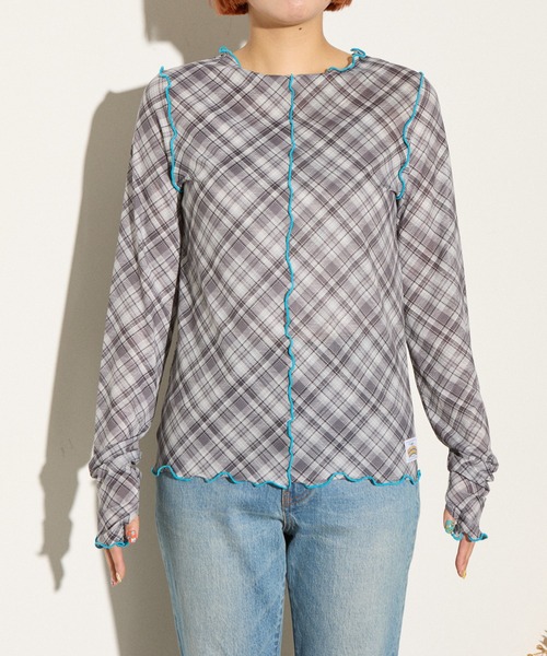 HELLO.SANFRANCISCO(ハローサンフランシスコ)の「【HELLO.SANFRANCISCO】チェックチュールトップス(Tシャツ/カットソー・レディース・ブルー/グレー/オレンジ/ブルー系その他/レッド・ONE SIZE)」の6枚目の写真