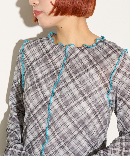 HELLO.SANFRANCISCO(ハローサンフランシスコ)の「【HELLO.SANFRANCISCO】チェックチュールトップス(Tシャツ/カットソー・レディース・ブルー/グレー/オレンジ/ブルー系その他/レッド・ONE SIZE)」の14枚目の写真