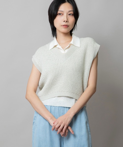 Munich（ミューニック）の「コットンニットVネックジレ（ベスト・レディース・オフホワイト/ピンク/カーキ/ブラック・FREE）」の11枚目の写真