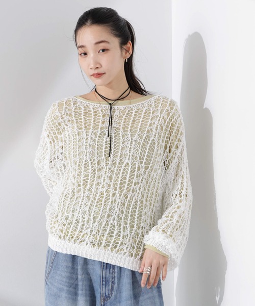 NANO universe（ナノユニバース）の「テープヤーンメッシュニットトップス（ニット/セーター・レディース・ブラック/ホワイト/レッド・FREE）」の2枚目の写真