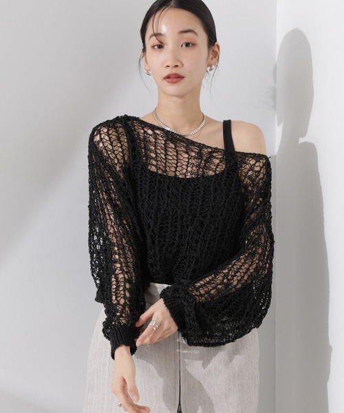 NANO universe（ナノユニバース）の「テープヤーンメッシュニットトップス（ニット/セーター・レディース・ブラック/ホワイト/レッド・FREE）」の5枚目の写真