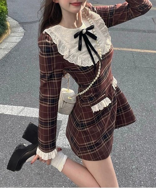 gossip！ロサンゼルス（ゴシップロサンゼルス）の「Y2K レトロ   チェック柄 レース ミニワンピース（ワンピース・レディース・チェック・FREE）」の7枚目の写真