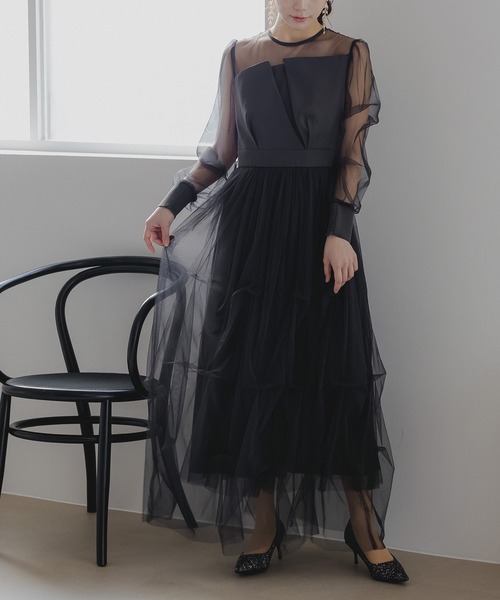 birei(ビレイ)の「アシンメトリービスチェタックチュールドレス(ドレス・レディース・ベージュ/チャコール/ブラック・M)」の4枚目の写真