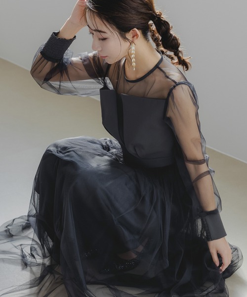 birei(ビレイ)の「アシンメトリービスチェタックチュールドレス(ドレス・レディース・ベージュ/チャコール/ブラック・M)」の9枚目の写真