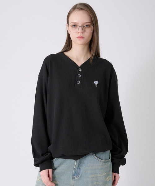 yolo 黒 サーマルロングtシャツ　ヘンリーネック　新品タグ付き ONCILY tシャツ HENRY NECK THERMAL LONG T-SHIRT /ヘンリー