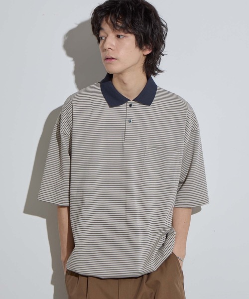 【SLICK/スリック】Micro Border Drawstring Polo Shirt / マイクロボーダードローストリングポロシャツ /オーバーサイズ シルエット / ヘビーウェイトの3枚目の写真