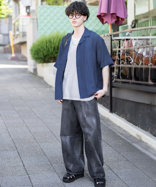 Rocky Monroe(ロッキーモンロー)の「オーバーサイズシアーラメ開襟シャツ/オープンカラーレースシャツ(シャツ/ブラウス・メンズ・ブラック/アイボリー/ネイビー・M/L)」の21枚目の写真