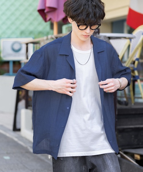 Rocky Monroe(ロッキーモンロー)の「オーバーサイズシアーラメ開襟シャツ/オープンカラーレースシャツ(シャツ/ブラウス・メンズ・ブラック/アイボリー/ネイビー・M/L)」の17枚目の写真