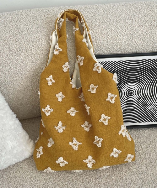 鹿革】岡重謹製 OKAJIMA 和装花柄刺繍トートバッグ ブラウン 鹿革