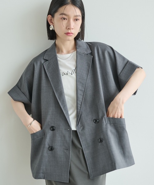 Shelly island（シェリーアイランド）の「半袖シャツジャケット（テーラードジャケット・レディース・チャコールグレー/ベージュ/ホワイト/ブラック/ブラウン・FREE）」の3枚目の写真