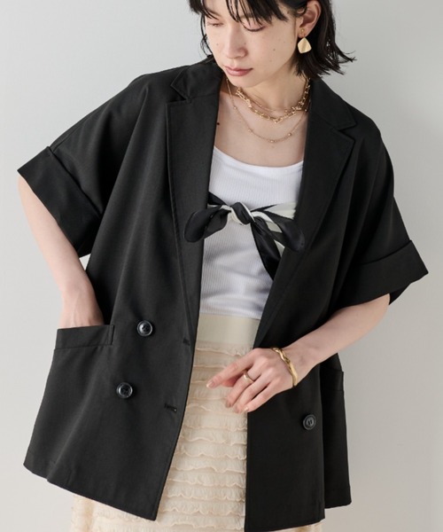 Shelly island（シェリーアイランド）の「半袖シャツジャケット（テーラードジャケット・レディース・チャコールグレー/ベージュ/ホワイト/ブラック/ブラウン・FREE）」の2枚目の写真